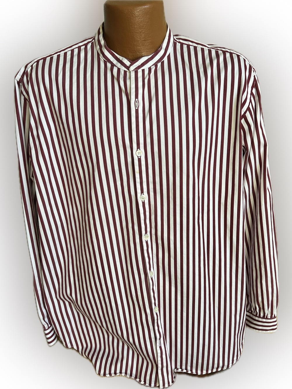 J Peterman Co red stripe 100% cotton mens band collar shirt Portugal L NWOT